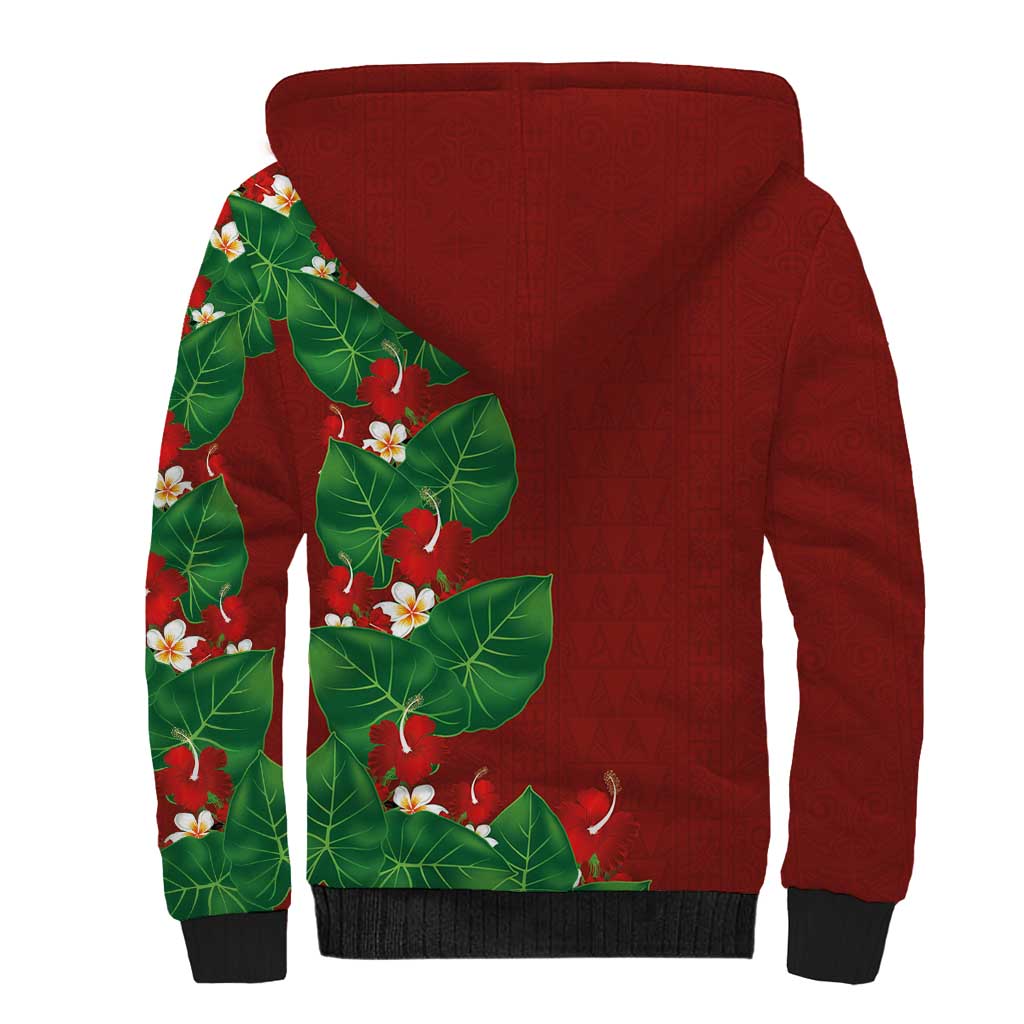 Hawaiian Taro Leaves-Hibiscus and Plumeria Sherpa Hoodie Polynesian Art-Kakau Tattoo Red LT03 - Polynesian Pride