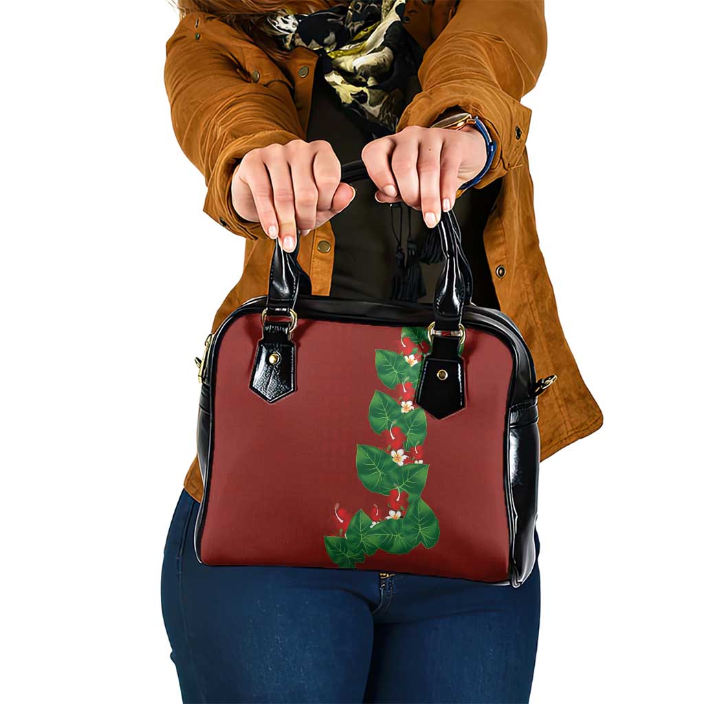 Hawaiian Taro Leaves-Hibiscus and Plumeria Shoulder Handbag Polynesian Art-Kakau Tattoo Red