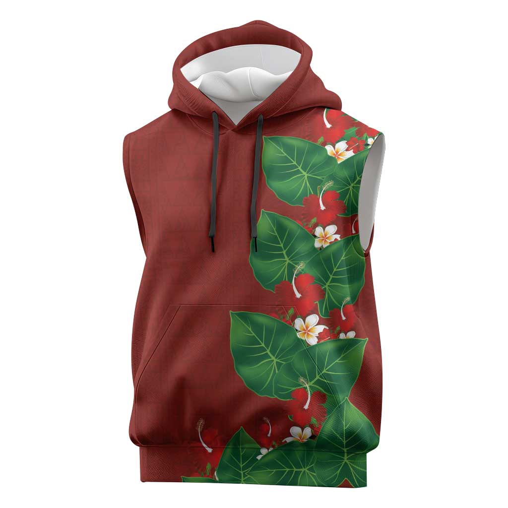 Hawaiian Taro Leaves-Hibiscus and Plumeria Sleeveless Hoodie Polynesian Art-Kakau Tattoo Red LT03 Red - Polynesian Pride