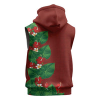 Hawaiian Taro Leaves-Hibiscus and Plumeria Sleeveless Hoodie Polynesian Art-Kakau Tattoo Red LT03 - Polynesian Pride