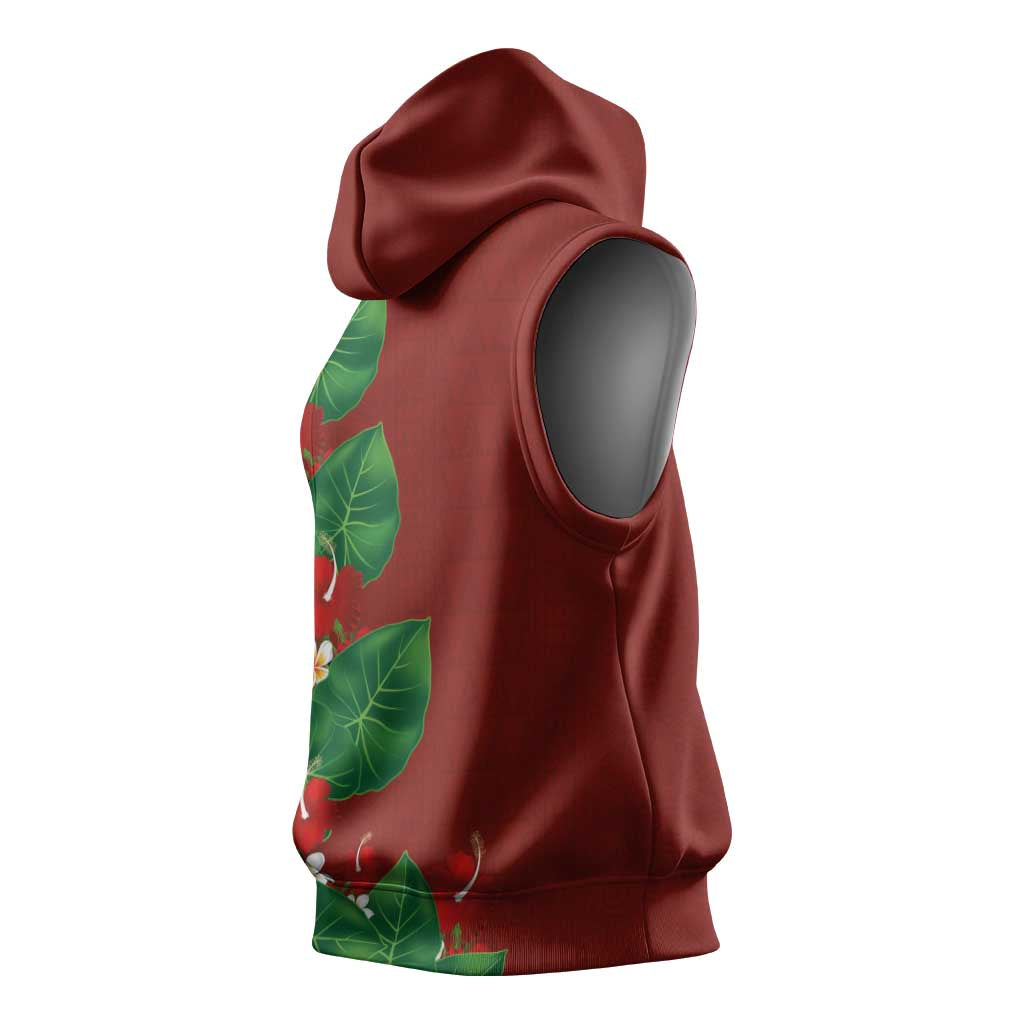 Hawaiian Taro Leaves-Hibiscus and Plumeria Sleeveless Hoodie Polynesian Art-Kakau Tattoo Red LT03 - Polynesian Pride