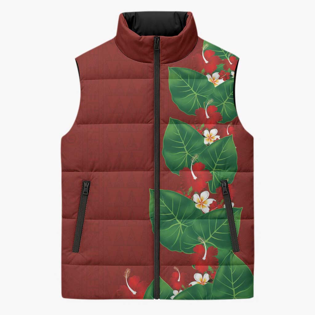 Hawaiian Taro Leaves-Hibiscus and Plumeria Sleeveless Puffer Jacket Polynesian Art-Kakau Tattoo Red