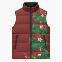 Hawaiian Taro Leaves-Hibiscus and Plumeria Sleeveless Puffer Jacket Polynesian Art-Kakau Tattoo Red