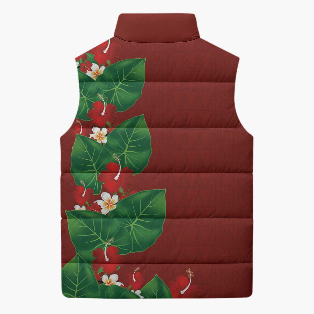 Hawaiian Taro Leaves-Hibiscus and Plumeria Sleeveless Puffer Jacket Polynesian Art-Kakau Tattoo Red