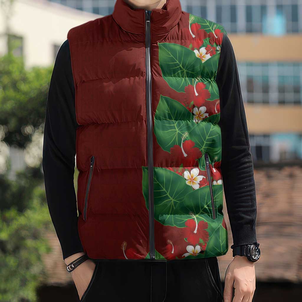 Hawaiian Taro Leaves-Hibiscus and Plumeria Sleeveless Puffer Jacket Polynesian Art-Kakau Tattoo Red