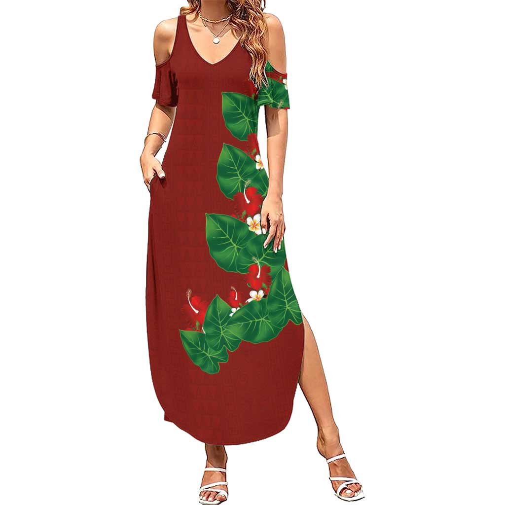 Hawaiian Taro Leaves-Hibiscus and Plumeria Summer Maxi Dress Polynesian Art-Kakau Tattoo Red LT03 Women Red - Polynesian Pride