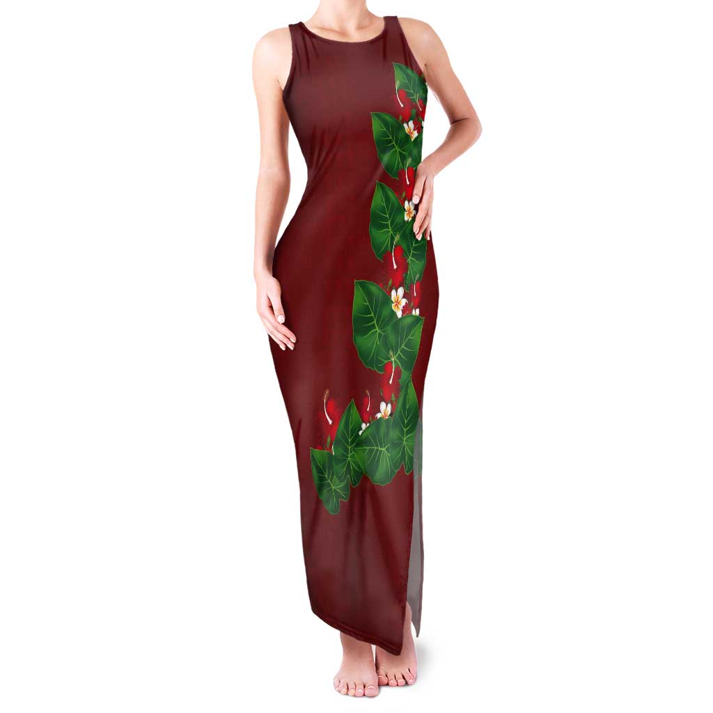 Hawaiian Taro Leaves-Hibiscus and Plumeria Tank Maxi Dress Polynesian Art-Kakau Tattoo Red