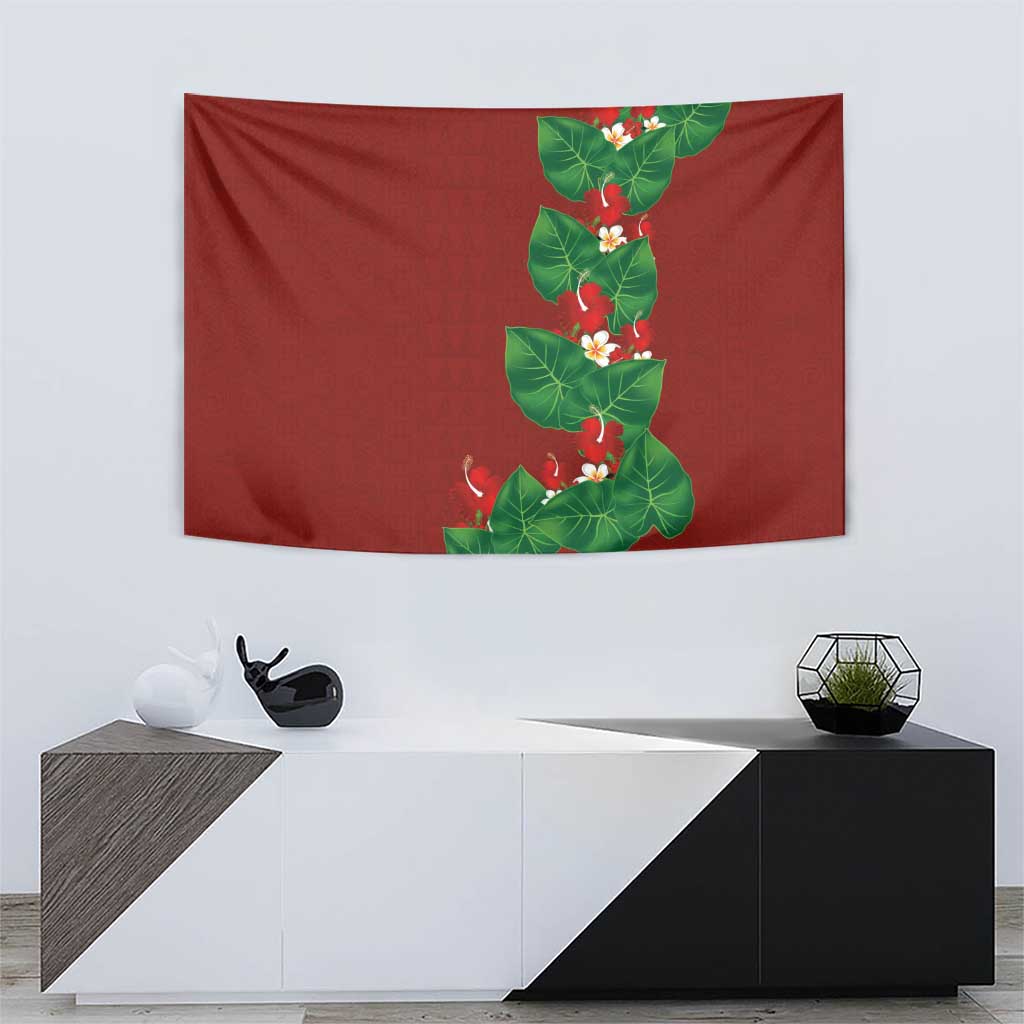 Hawaiian Taro Leaves-Hibiscus and Plumeria Tapestry Polynesian Art-Kakau Tattoo Red
