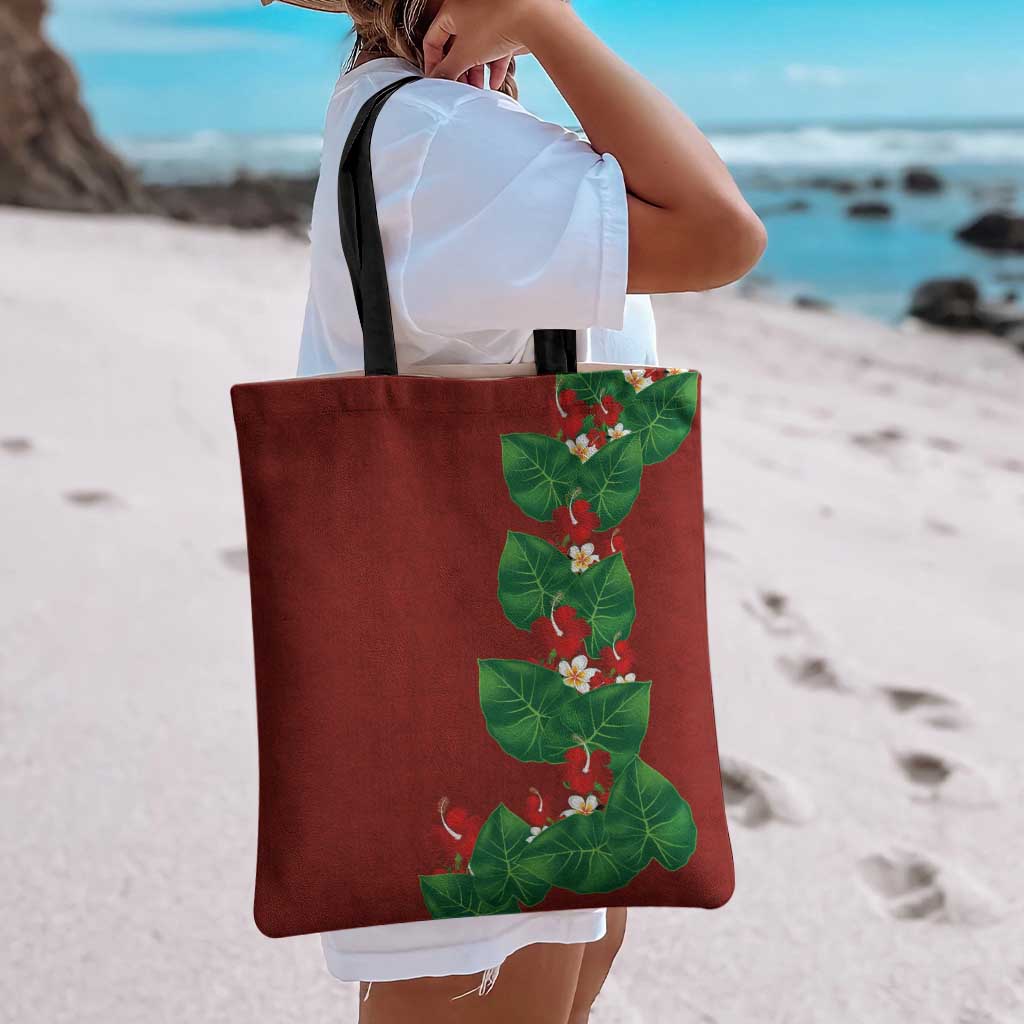 Hawaiian Taro Leaves-Hibiscus and Plumeria Tote Bag Polynesian Art-Kakau Tattoo Red