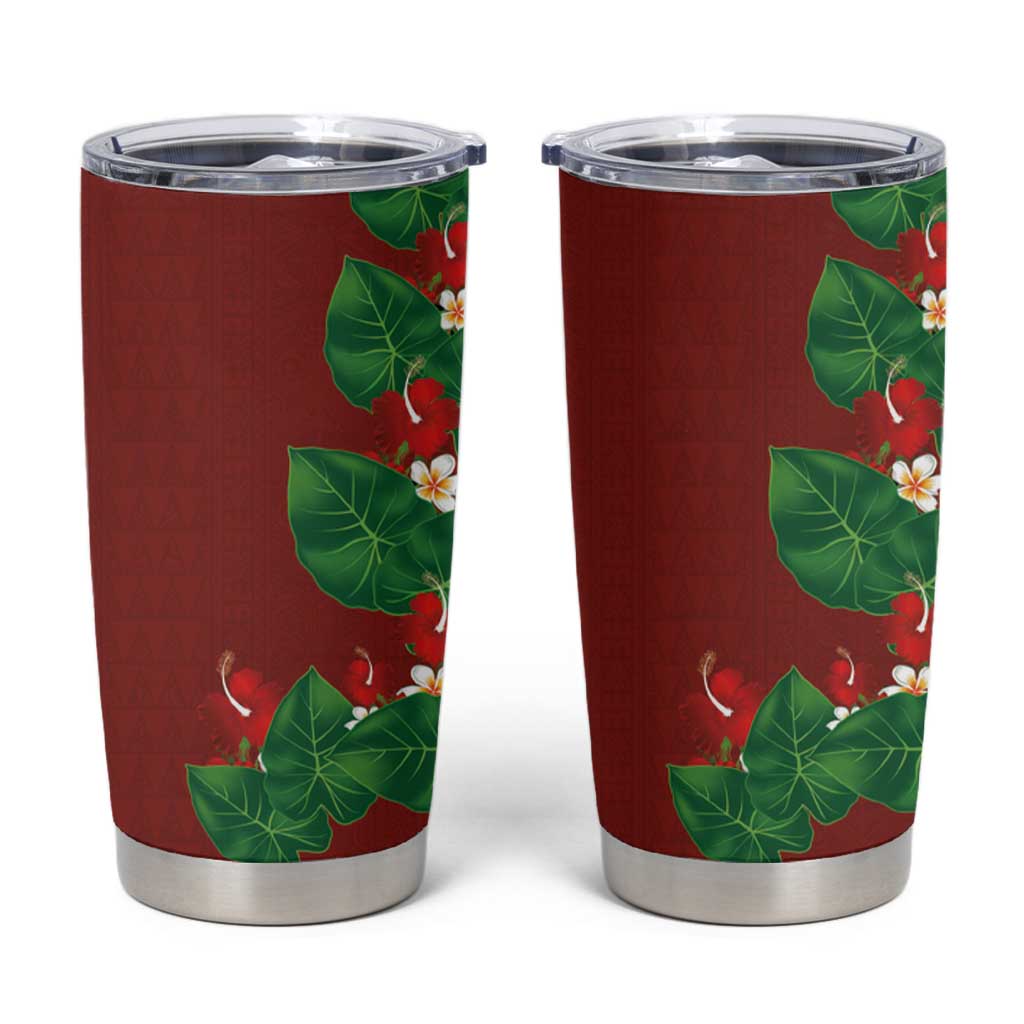 Hawaiian Taro Leaves-Hibiscus and Plumeria Tumbler Cup Polynesian Art-Kakau Tattoo Red LT03 Red - Polynesian Pride