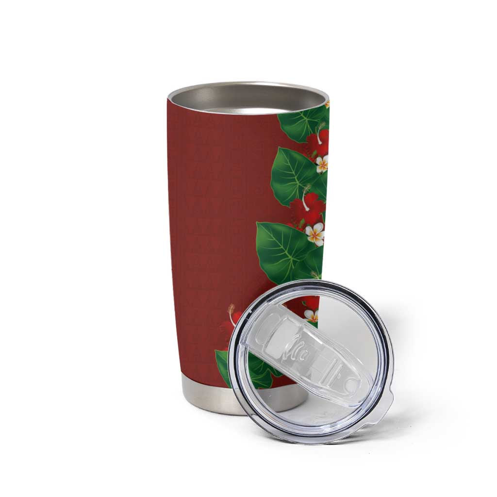 Hawaiian Taro Leaves-Hibiscus and Plumeria Tumbler Cup Polynesian Art-Kakau Tattoo Red LT03 - Polynesian Pride