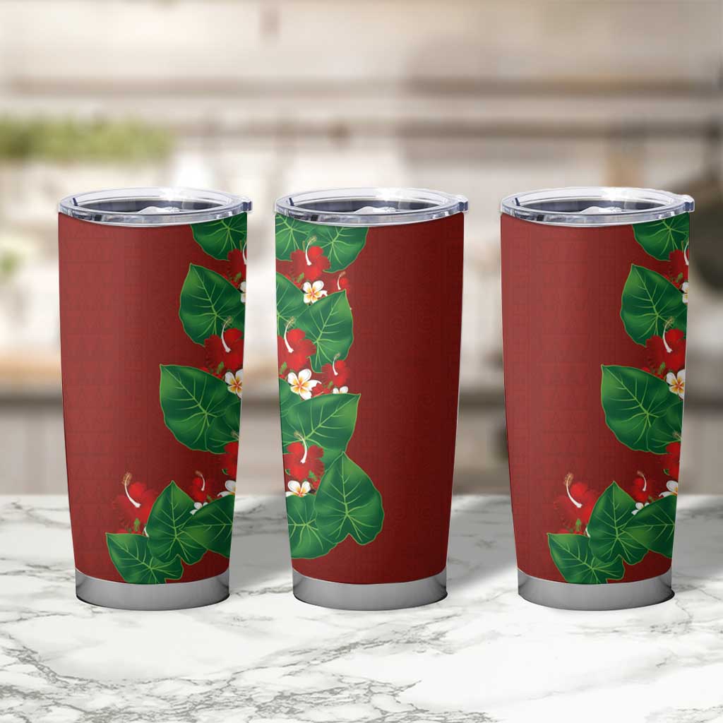 Hawaiian Taro Leaves-Hibiscus and Plumeria Tumbler Cup Polynesian Art-Kakau Tattoo Red LT03 - Polynesian Pride