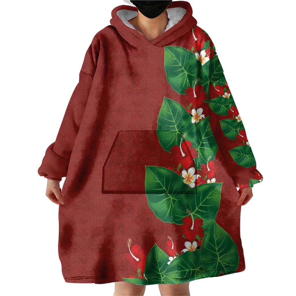 Hawaiian Taro Leaves-Hibiscus and Plumeria Wearable Blanket Hoodie Polynesian Art-Kakau Tattoo Red LT03 - Polynesian Pride