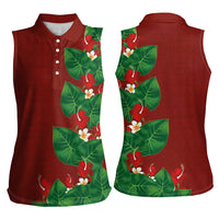 Hawaiian Taro Leaves-Hibiscus and Plumeria Women Sleeveless Polo Shirt Polynesian Art-Kakau Tattoo Red LT03 - Polynesian Pride