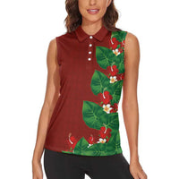 Hawaiian Taro Leaves-Hibiscus and Plumeria Women Sleeveless Polo Shirt Polynesian Art-Kakau Tattoo Red LT03 - Polynesian Pride
