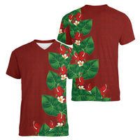 Hawaiian Taro Leaves-Hibiscus and Plumeria Women V-Neck T-Shirt Polynesian Art-Kakau Tattoo Red LT03 - Polynesian Pride