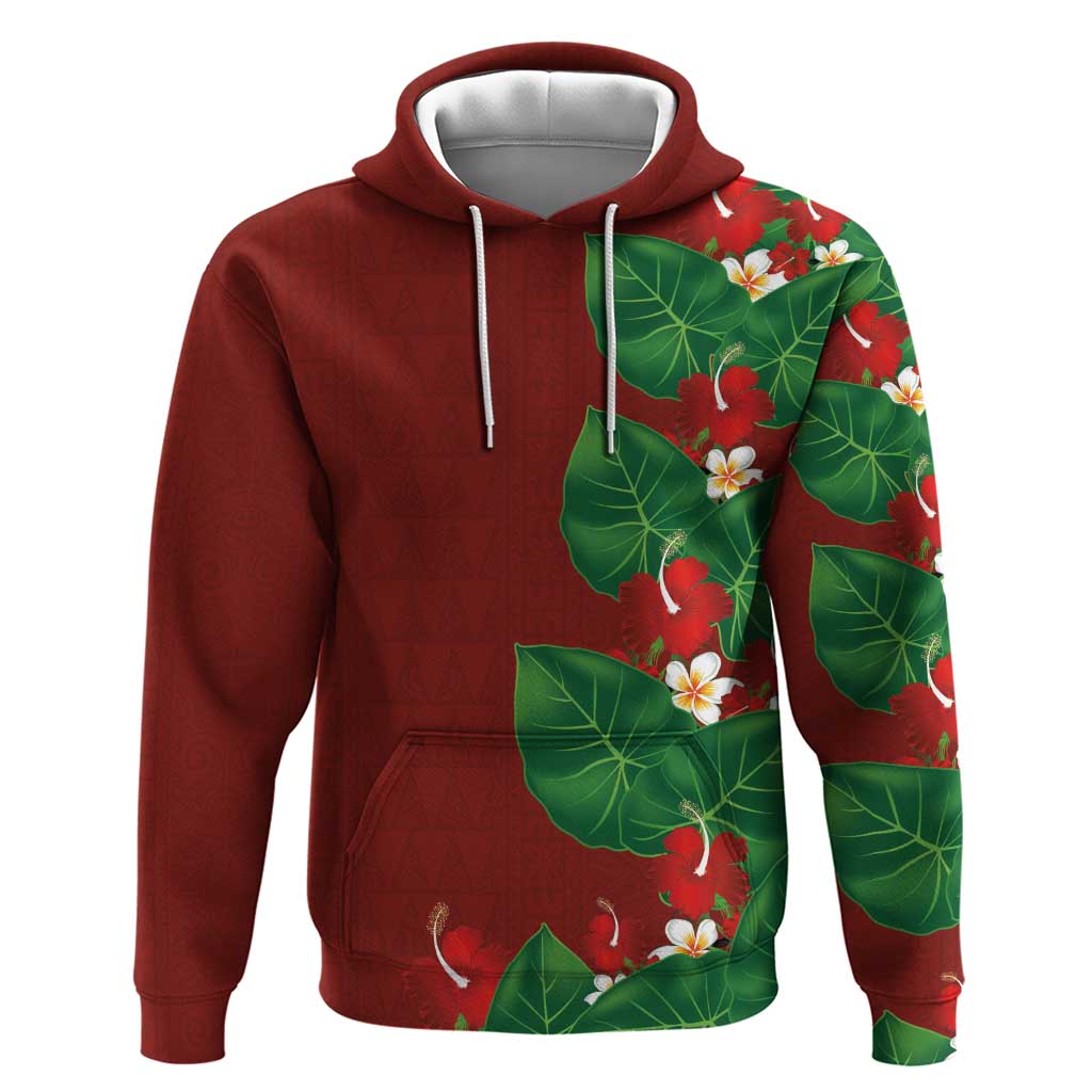 Hawaiian Taro Leaves-Hibiscus and Plumeria Zip Hoodie Polynesian Art-Kakau Tattoo Red LT03 Pullover Hoodie Red - Polynesian Pride