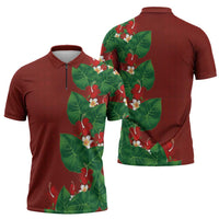 Hawaiian Taro Leaves-Hibiscus and Plumeria Zipper Polo Shirt Polynesian Art-Kakau Tattoo Red LT03 - Polynesian Pride