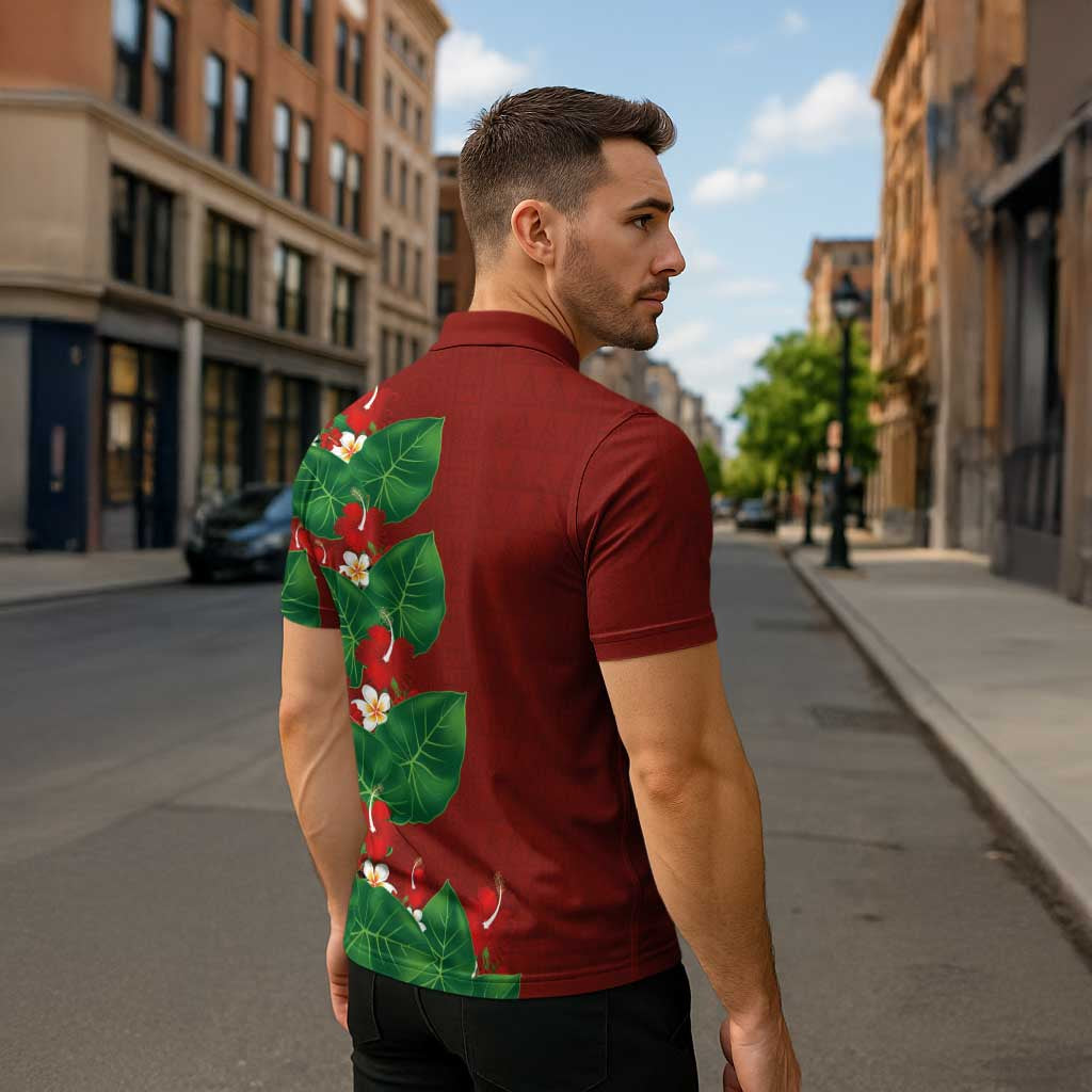 Hawaiian Taro Leaves-Hibiscus and Plumeria Zipper Polo Shirt Polynesian Art-Kakau Tattoo Red LT03 - Polynesian Pride