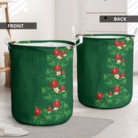 Hawaiian Taro Leaves-Hibiscus and Plumeria Laundry Basket Polynesian Art-Kakau Tattoo Green