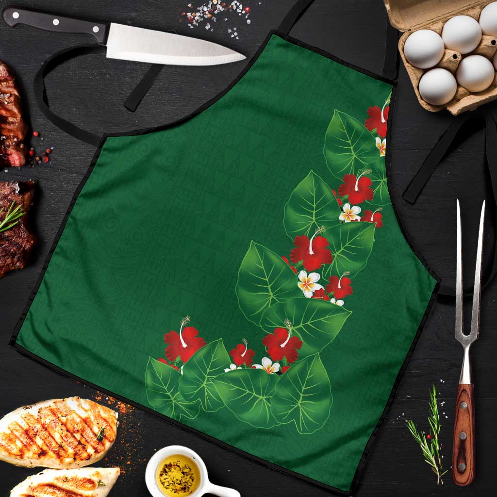 Hawaiian Taro Leaves-Hibiscus and Plumeria Apron Polynesian Art-Kakau Tattoo Green