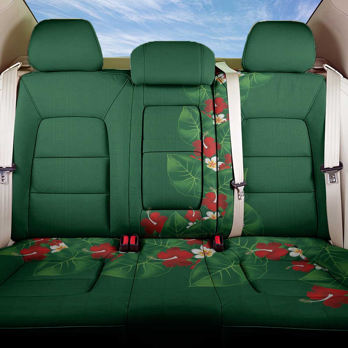Hawaiian Taro Leaves-Hibiscus and Plumeria Back Car Seat Cover Polynesian Art-Kakau Tattoo Green LT03 One Size Green - Polynesian Pride