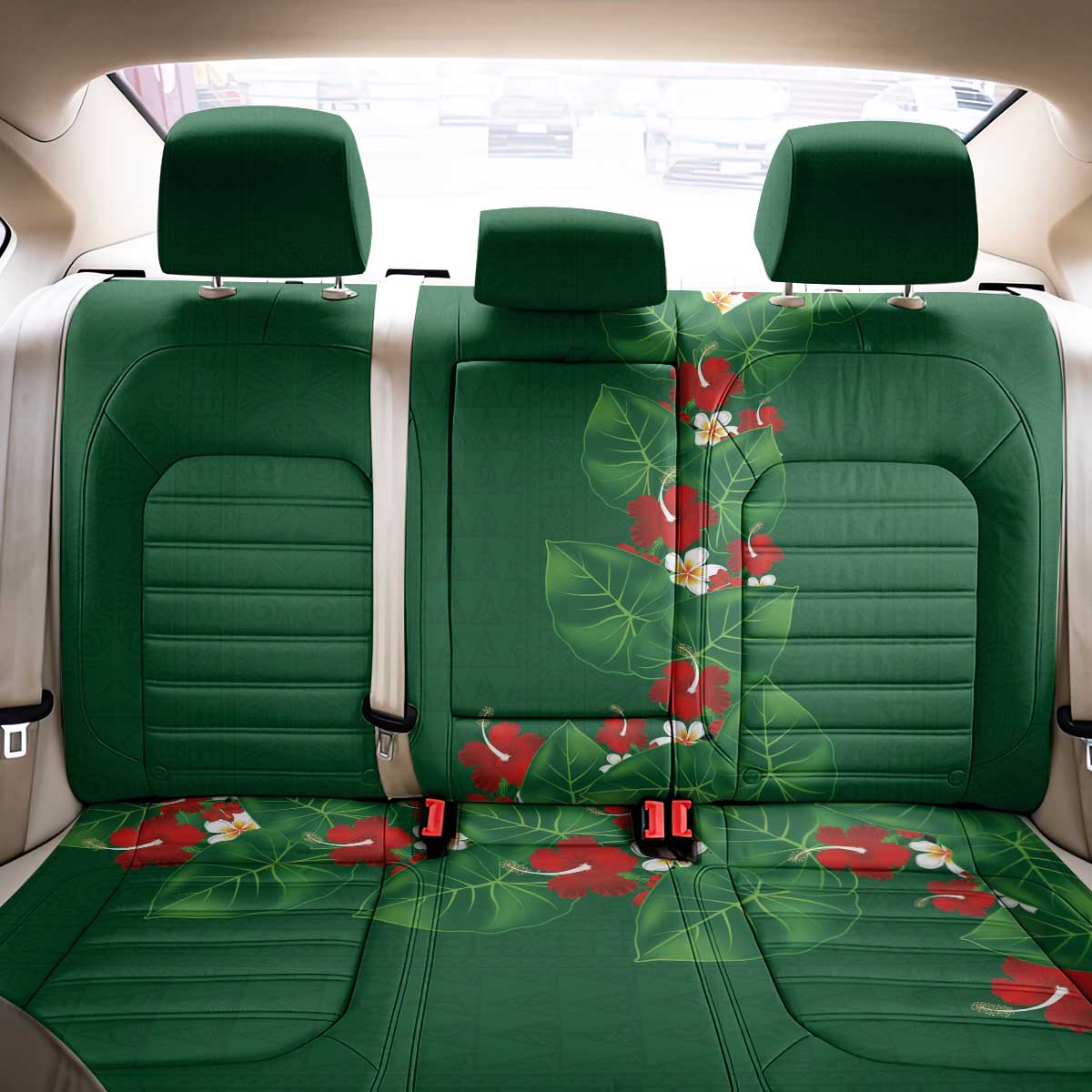 Hawaiian Taro Leaves-Hibiscus and Plumeria Back Car Seat Cover Polynesian Art-Kakau Tattoo Green LT03 - Polynesian Pride