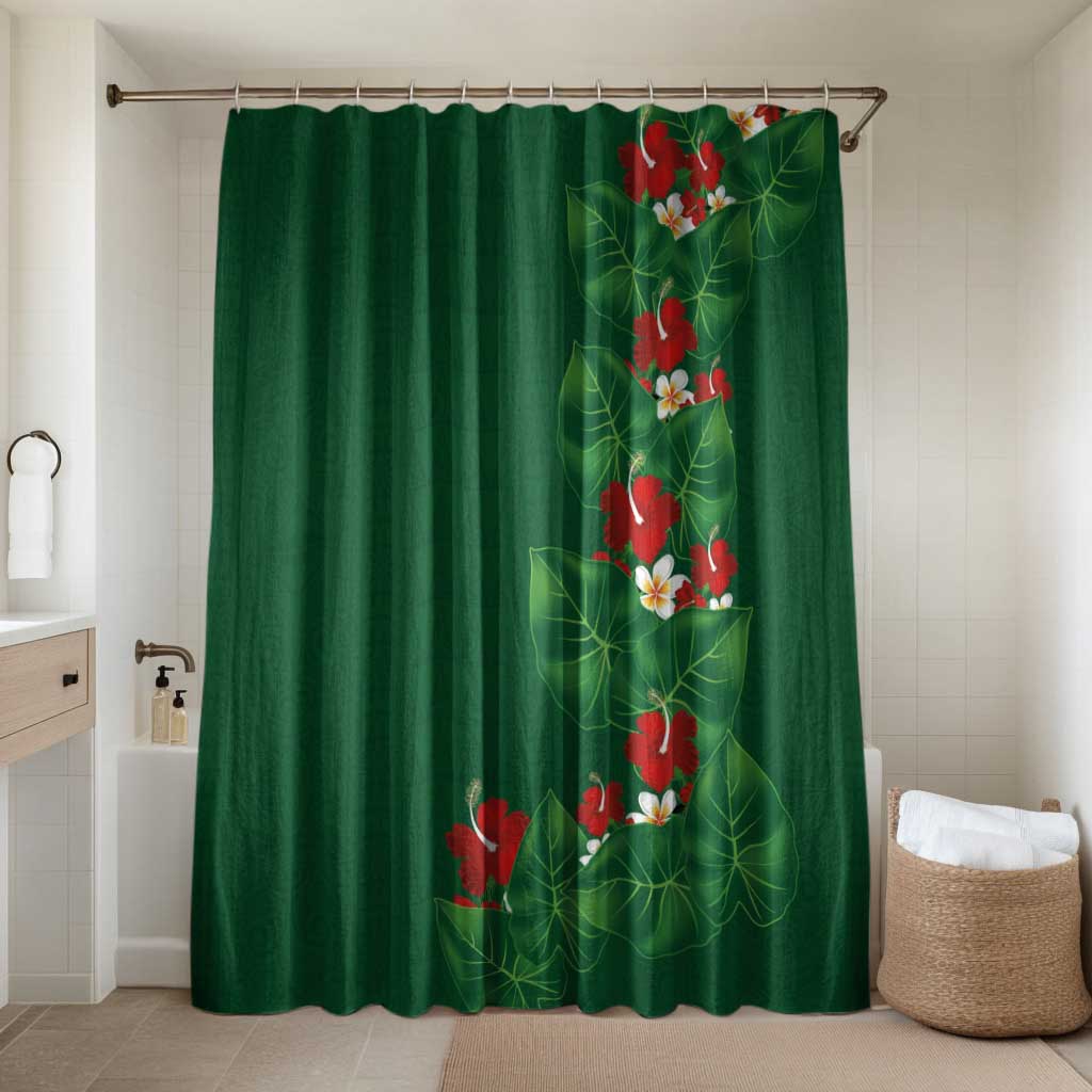 Hawaiian Taro Leaves-Hibiscus and Plumeria Bathroom Set Polynesian Art-Kakau Tattoo Green