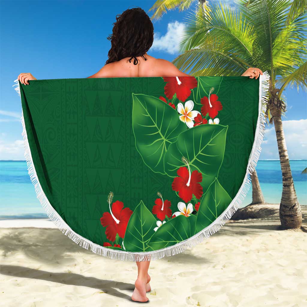 Hawaiian Taro Leaves-Hibiscus and Plumeria Beach Blanket Polynesian Art-Kakau Tattoo Green
