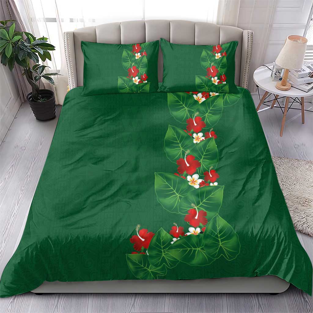 Hawaiian Taro Leaves-Hibiscus and Plumeria Bedding Set Polynesian Art-Kakau Tattoo Green