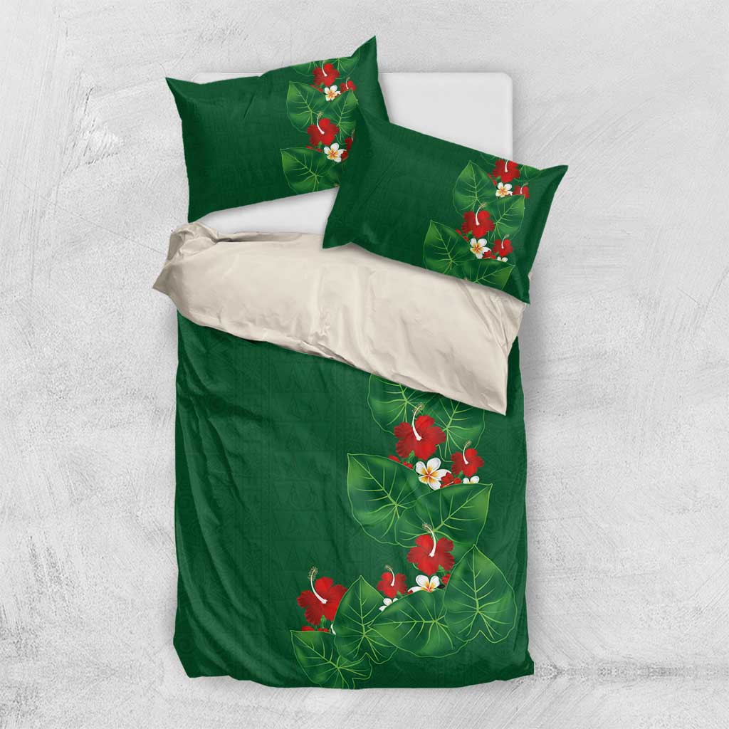 Hawaiian Taro Leaves-Hibiscus and Plumeria Bedding Set Polynesian Art-Kakau Tattoo Green