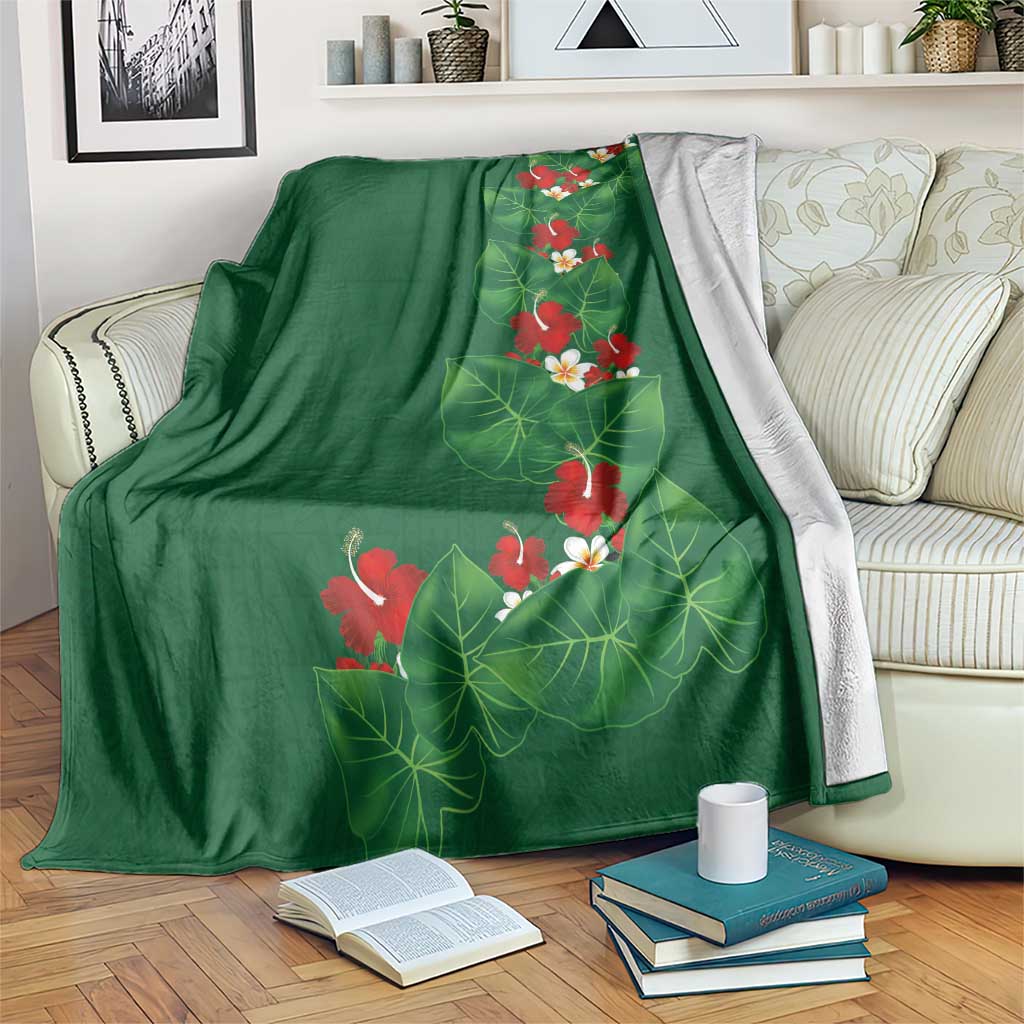 Hawaiian Taro Leaves-Hibiscus and Plumeria Blanket Polynesian Art-Kakau Tattoo Green