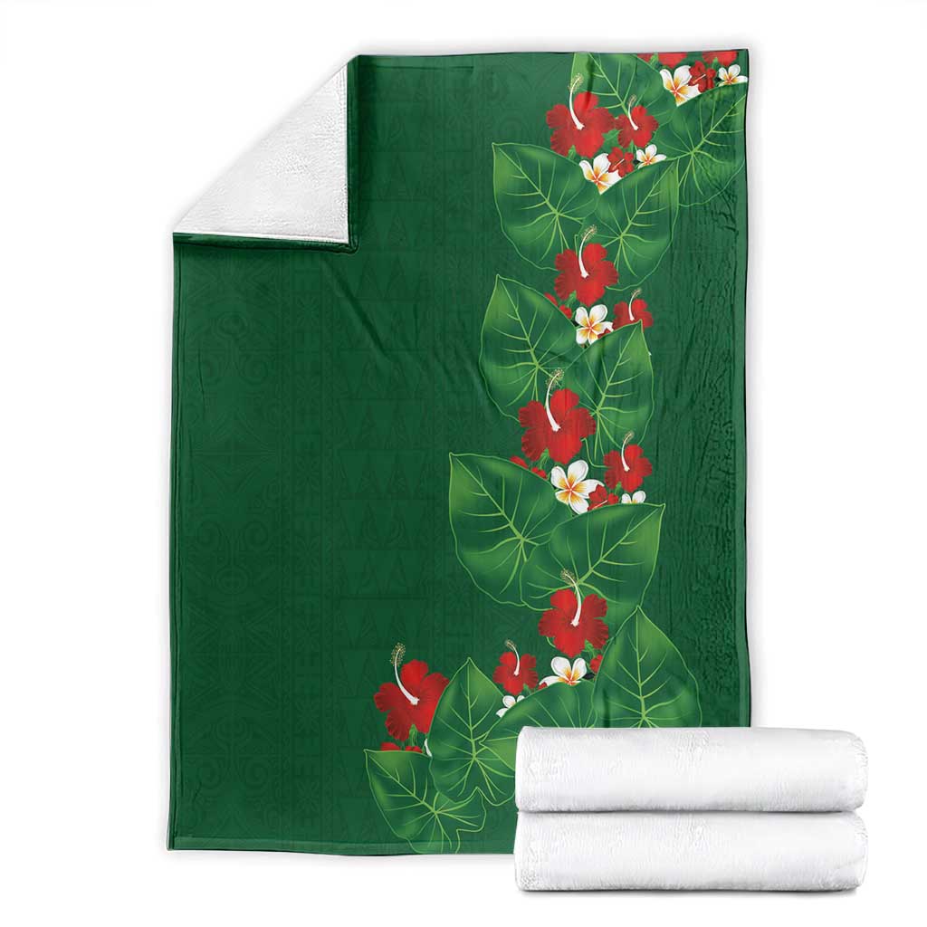 Hawaiian Taro Leaves-Hibiscus and Plumeria Blanket Polynesian Art-Kakau Tattoo Green