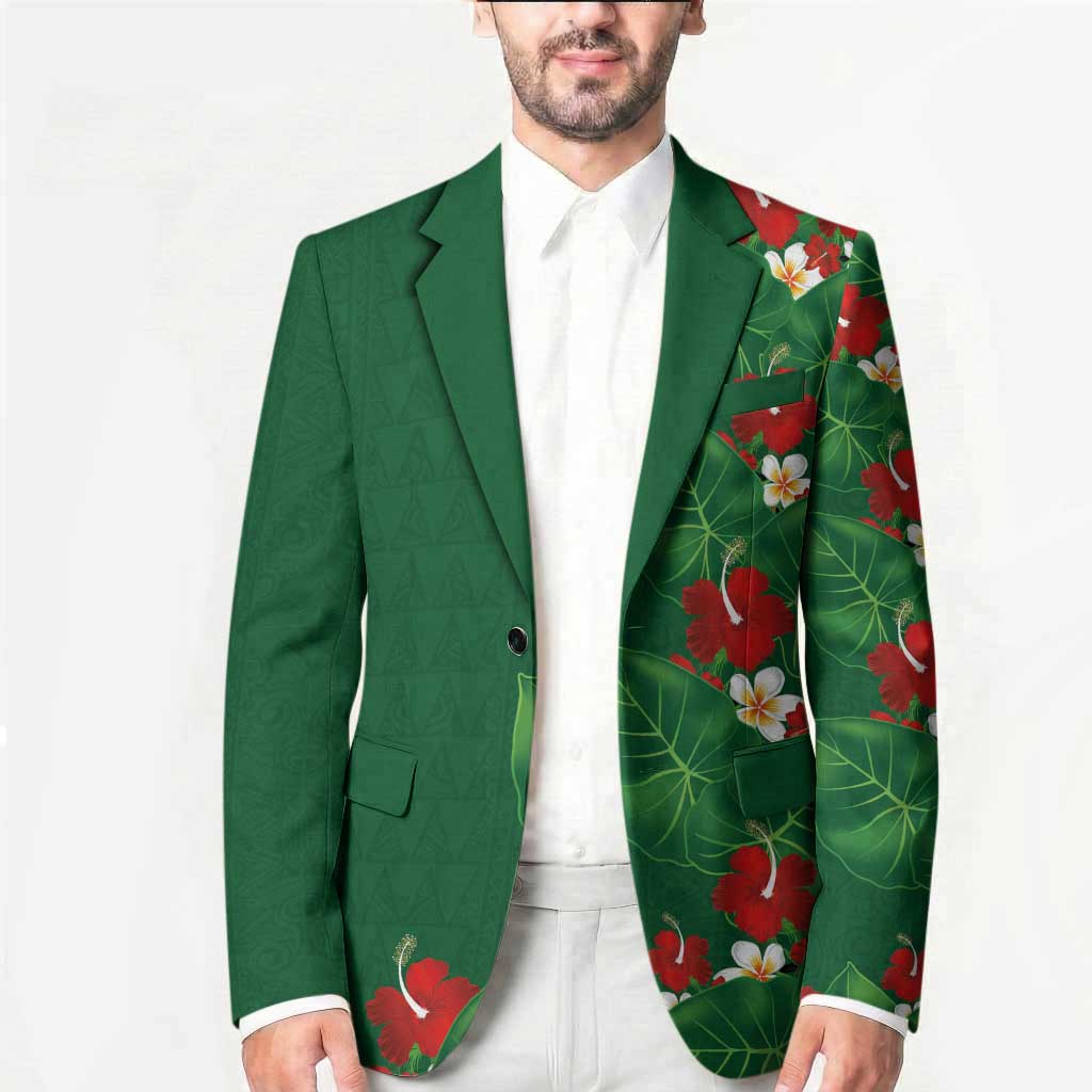 Hawaiian Taro Leaves-Hibiscus and Plumeria Blazer Polynesian Art-Kakau Tattoo Green