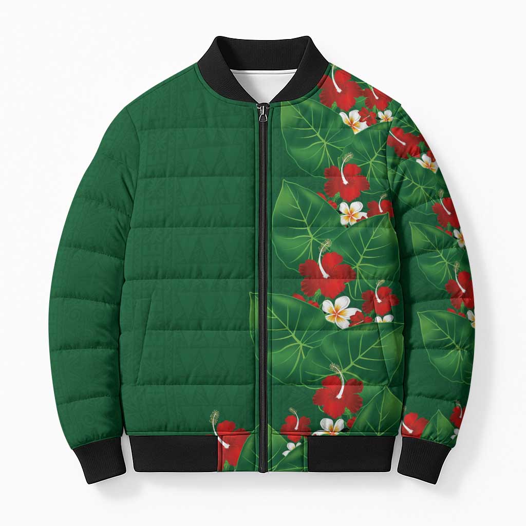 Hawaiian Taro Leaves-Hibiscus and Plumeria Bomber Puffer Jacket Polynesian Art-Kakau Tattoo Green LT03 Unisex Green - Polynesian Pride