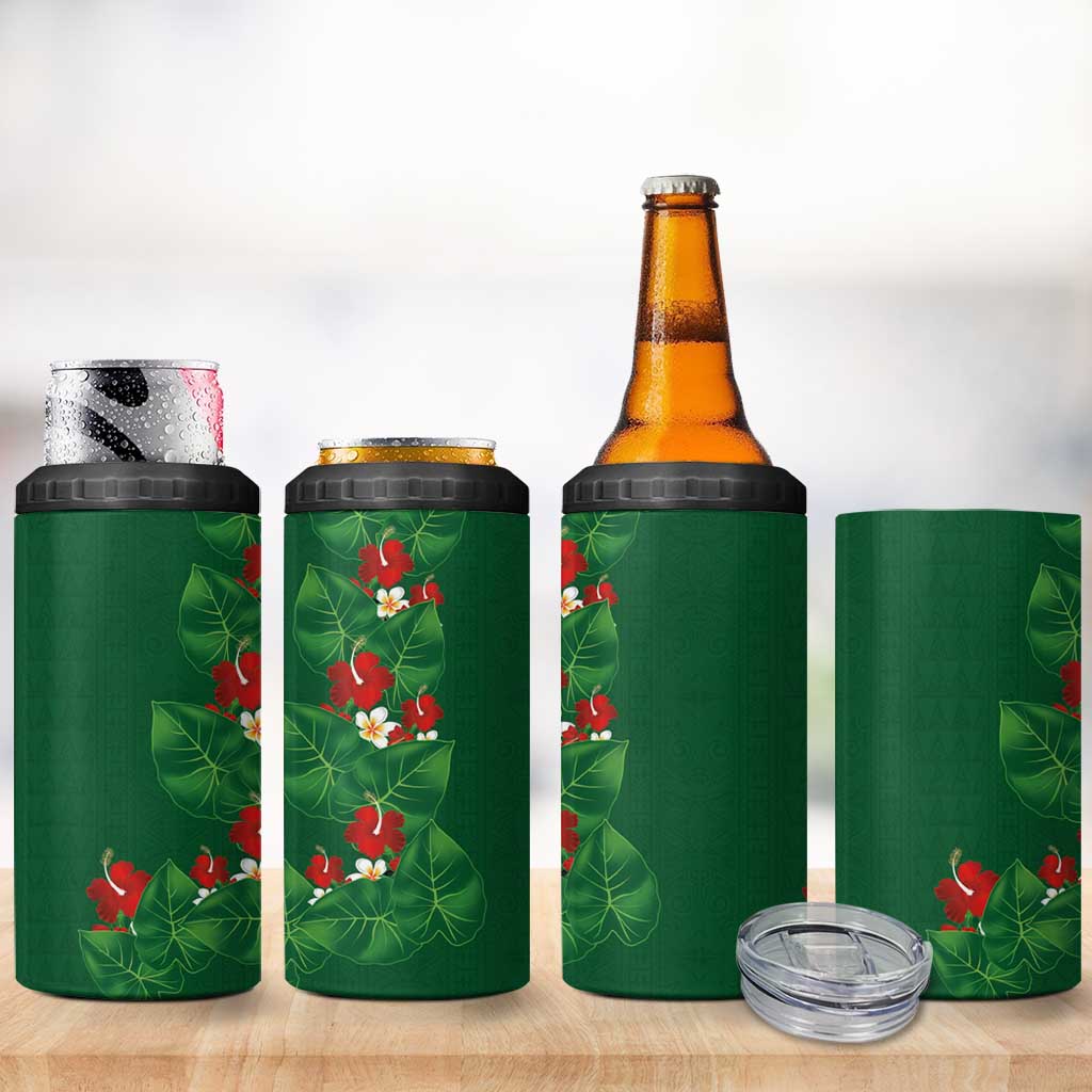 Hawaiian Taro Leaves-Hibiscus and Plumeria 4 in 1 Can Cooler Tumbler Polynesian Art-Kakau Tattoo Green LT03 - Polynesian Pride