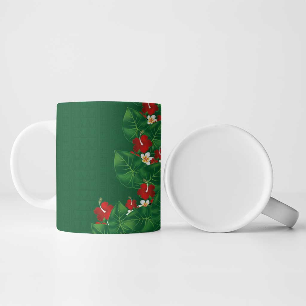 Hawaiian Taro Leaves-Hibiscus and Plumeria Ceramic Mug Polynesian Art-Kakau Tattoo Green