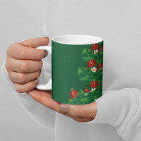 Hawaiian Taro Leaves-Hibiscus and Plumeria Ceramic Mug Polynesian Art-Kakau Tattoo Green