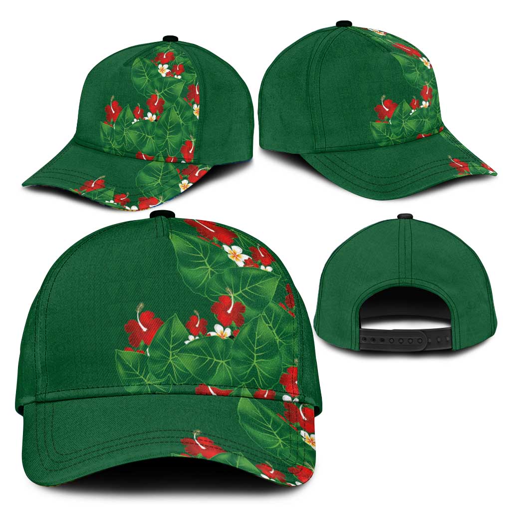 Hawaiian Taro Leaves-Hibiscus and Plumeria Classic Cap Polynesian Art-Kakau Tattoo Green