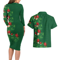 Hawaiian Taro Leaves-Hibiscus and Plumeria Couples Matching Long Sleeve Bodycon Dress and Hawaiian Shirt Polynesian Art-Kakau Tattoo Green LT03 - Polynesian Pride