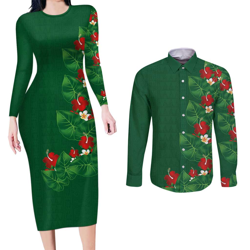 Hawaiian Taro Leaves-Hibiscus and Plumeria Couples Matching Long Sleeve Bodycon Dress and Long Sleeve Button Shirt Polynesian Art-Kakau Tattoo Green LT03 Green - Polynesian Pride