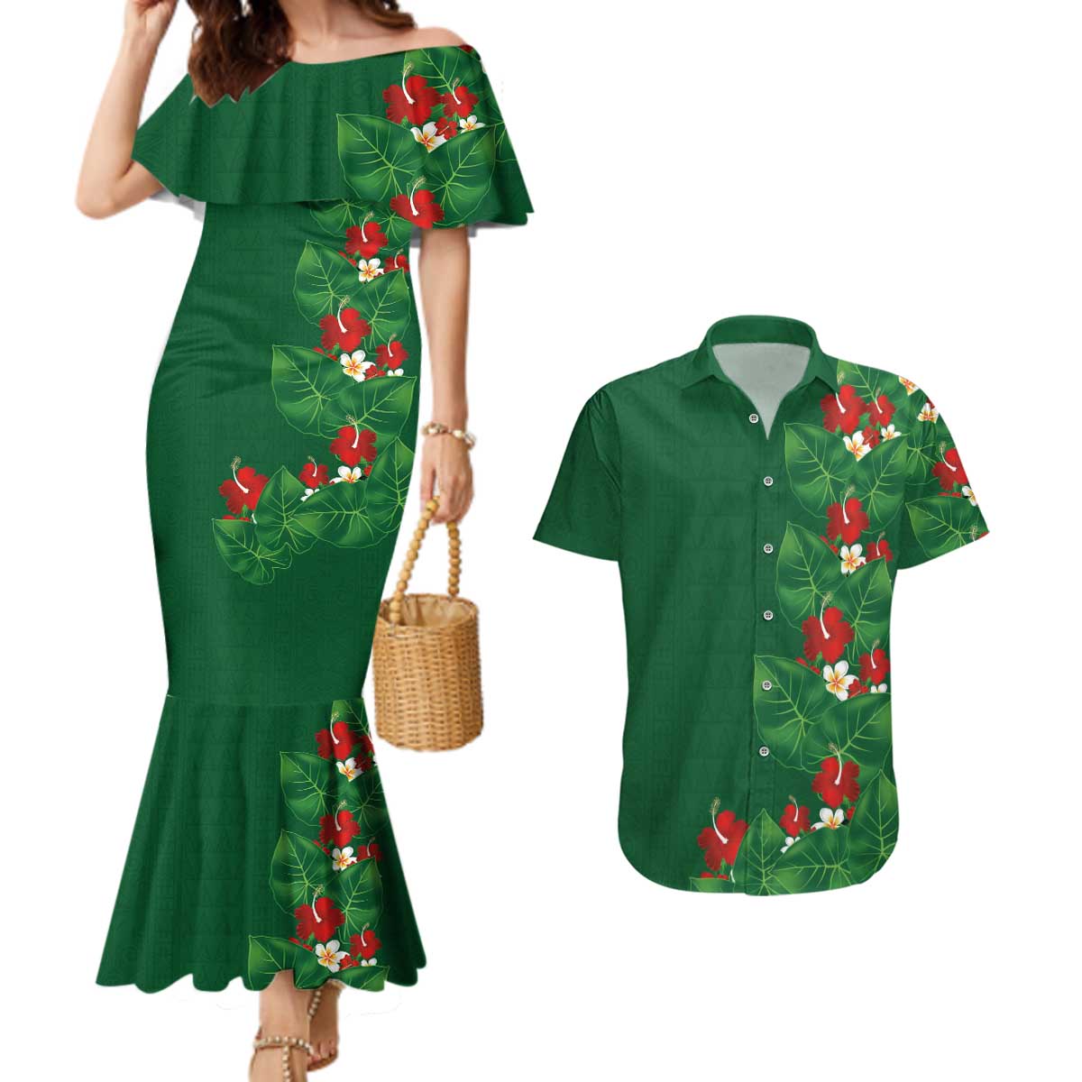 Hawaiian Taro Leaves-Hibiscus and Plumeria Couples Matching Mermaid Dress and Hawaiian Shirt Polynesian Art-Kakau Tattoo Green LT03 Green - Polynesian Pride