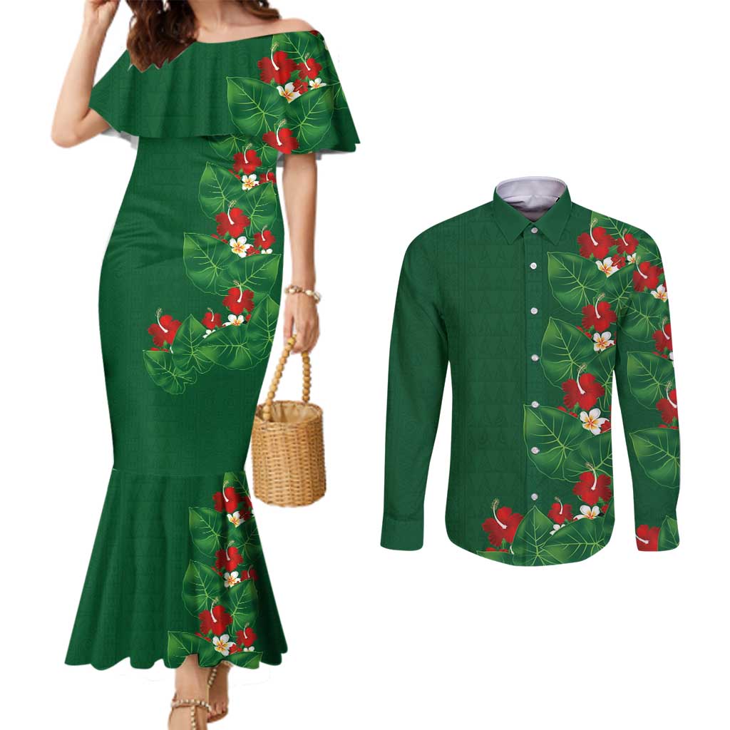 Hawaiian Taro Leaves-Hibiscus and Plumeria Couples Matching Mermaid Dress and Long Sleeve Button Shirt Polynesian Art-Kakau Tattoo Green LT03 Green - Polynesian Pride