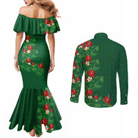 Hawaiian Taro Leaves-Hibiscus and Plumeria Couples Matching Mermaid Dress and Long Sleeve Button Shirt Polynesian Art-Kakau Tattoo Green LT03 - Polynesian Pride