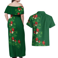Hawaiian Taro Leaves-Hibiscus and Plumeria Couples Matching Off Shoulder Maxi Dress and Hawaiian Shirt Polynesian Art-Kakau Tattoo Green LT03 - Polynesian Pride