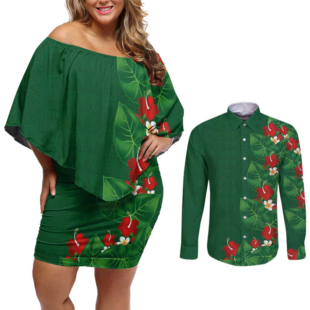 Hawaiian Taro Leaves-Hibiscus and Plumeria Couples Matching Off Shoulder Short Dress and Long Sleeve Button Shirt Polynesian Art-Kakau Tattoo Green LT03 Green - Polynesian Pride