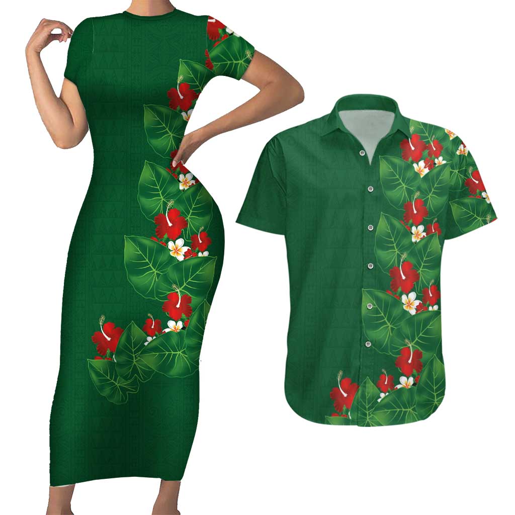 Hawaiian Taro Leaves-Hibiscus and Plumeria Couples Matching Short Sleeve Bodycon Dress and Hawaiian Shirt Polynesian Art-Kakau Tattoo Green