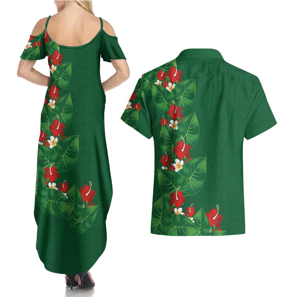 Hawaiian Taro Leaves-Hibiscus and Plumeria Couples Matching Summer Maxi Dress and Hawaiian Shirt Polynesian Art-Kakau Tattoo Green LT03 - Polynesian Pride