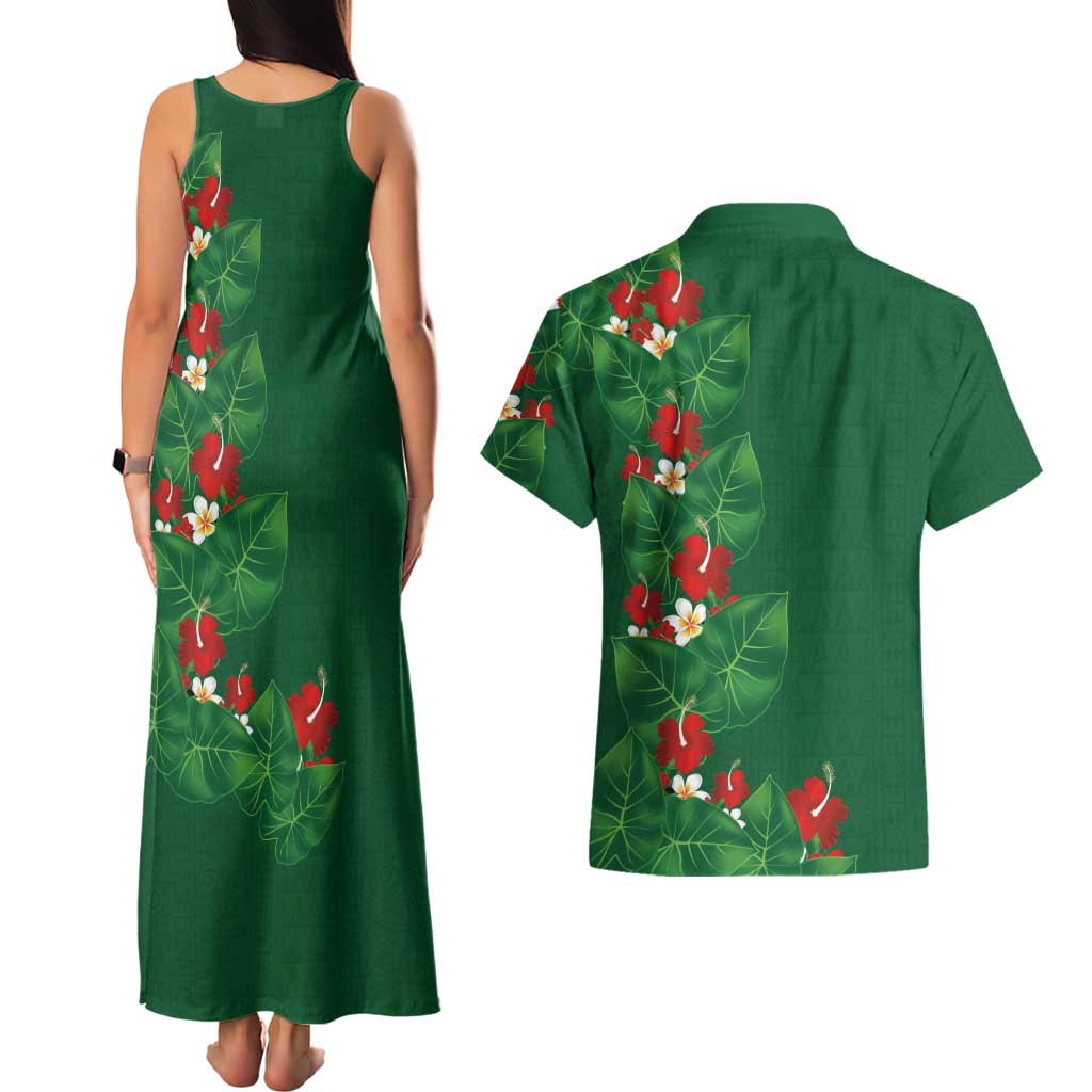 Hawaiian Taro Leaves-Hibiscus and Plumeria Couples Matching Tank Maxi Dress and Hawaiian Shirt Polynesian Art-Kakau Tattoo Green LT03 - Polynesian Pride