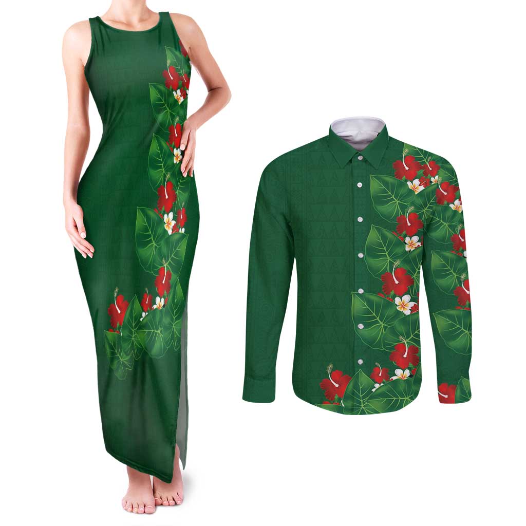 Hawaiian Taro Leaves-Hibiscus and Plumeria Couples Matching Tank Maxi Dress and Long Sleeve Button Shirt Polynesian Art-Kakau Tattoo Green